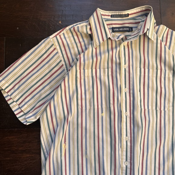VAN HUESEN Shirt SZ  L Rainbow Stripes Buttons 1 pocket cotton Paint Splatter - Picture 2 of 7